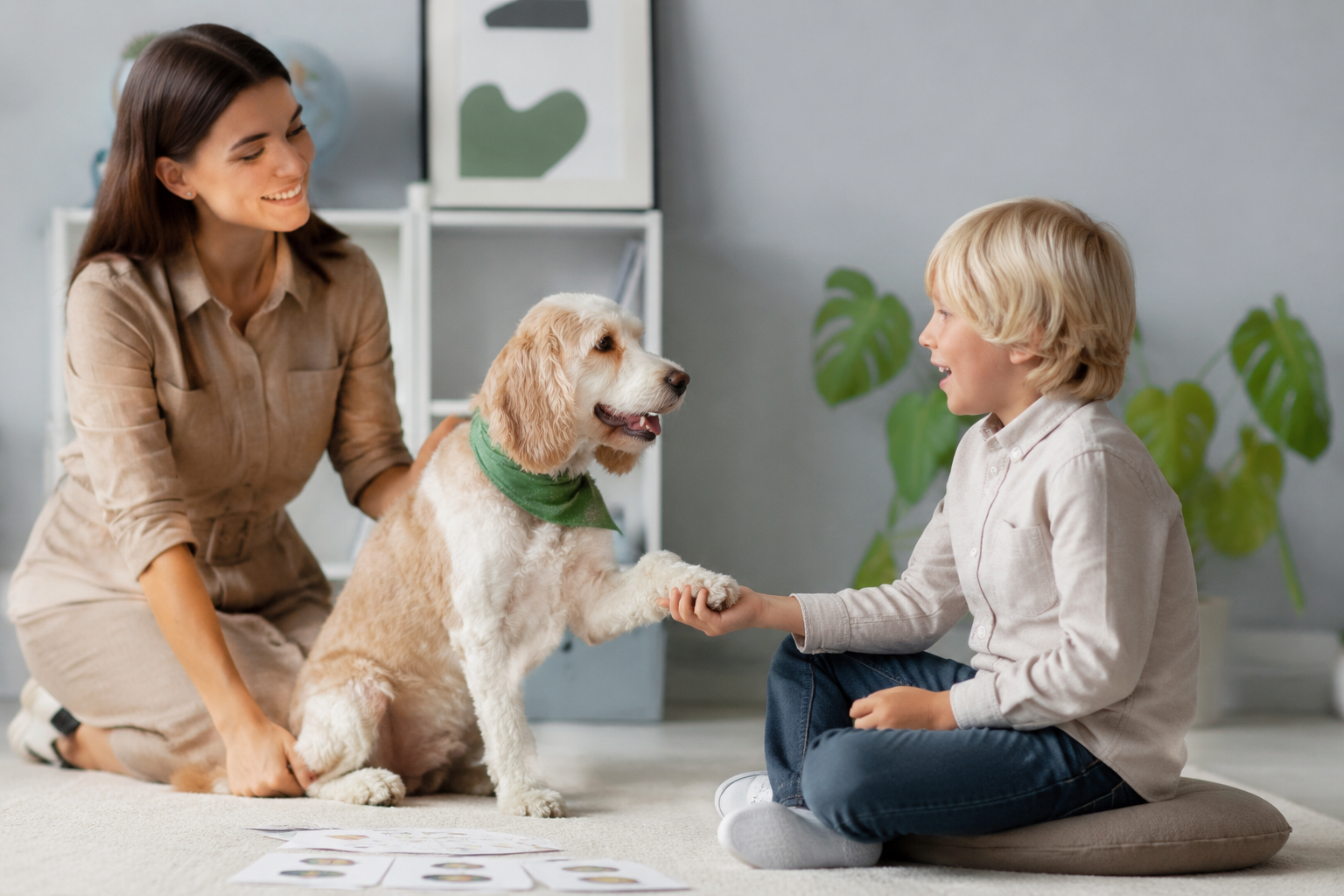 Therapiehund bei einer logopädischen Übung mit Kind